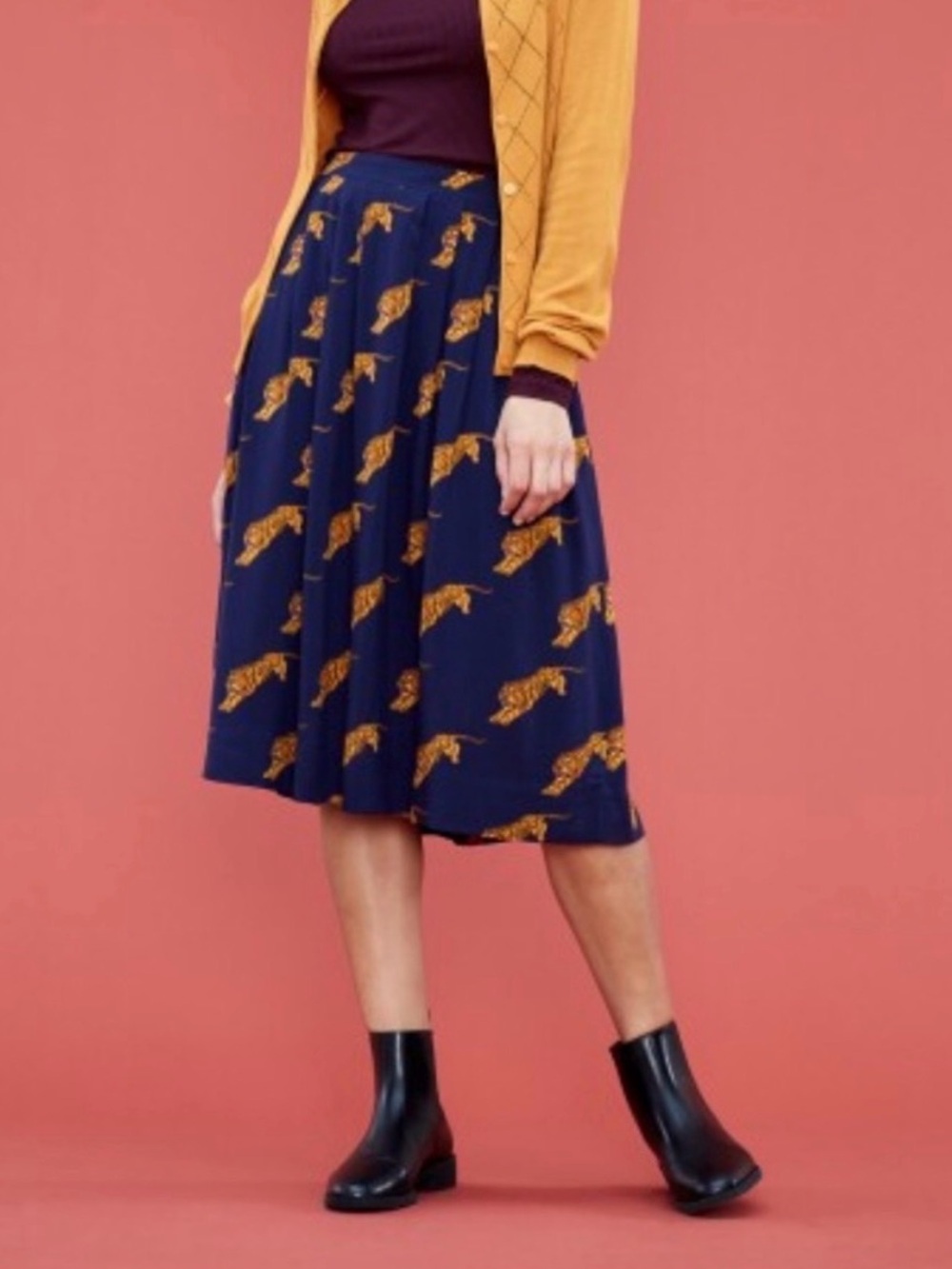 Emily and Fin Navy Tiger Print Midi Skirt | Size Small - Picture 7 of 8